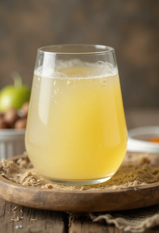 Mangkuk kaca berisi whey cair manis dan botol whey segar di permukaan rustik