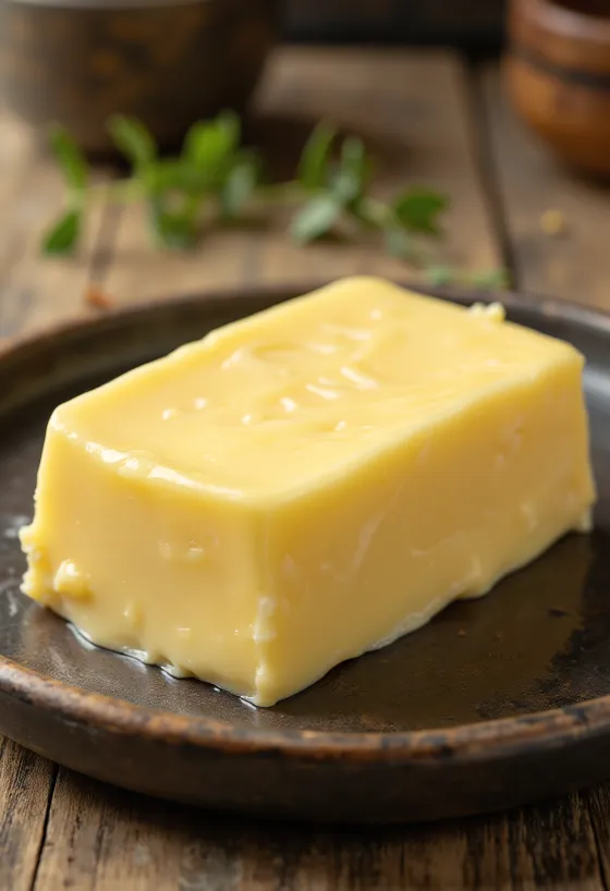 Mentega krim manis (sweet cream butter) kuning pucat dalam mangkuk kecil