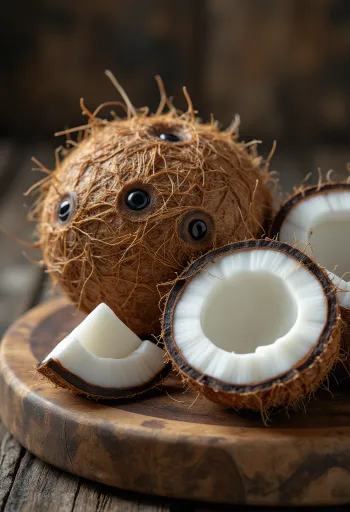 Kelapa utuh dengan sabut dan batok, serta belahan daging putih