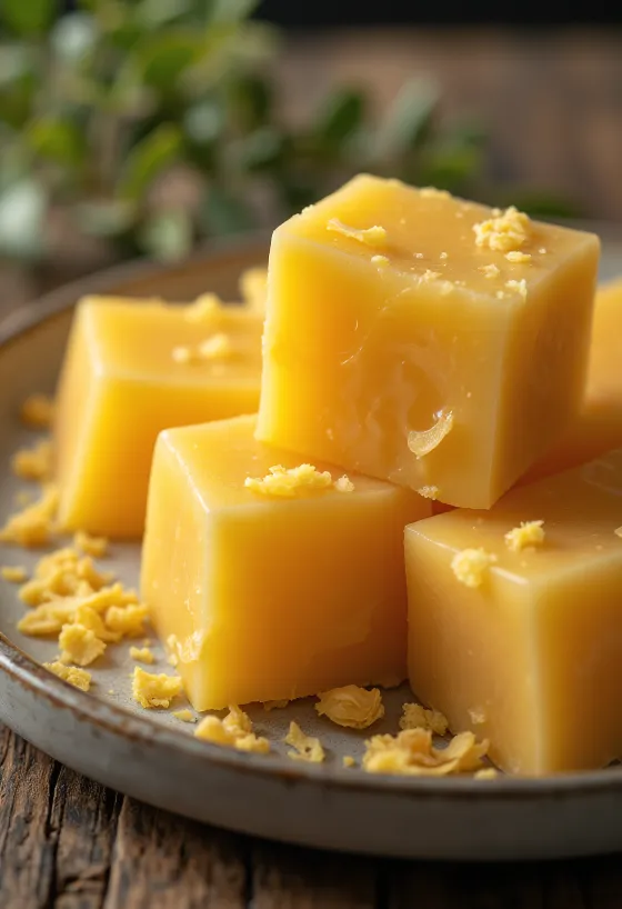 Lilin lebah pangan dalam bentuk balok dan parutan di permukaan kayu