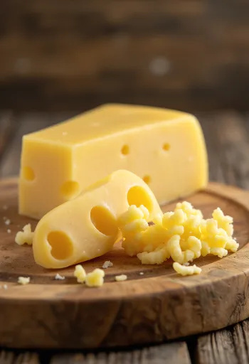 Keju Emmental berlubang dalam mangkuk keramik putih di atas meja kayu