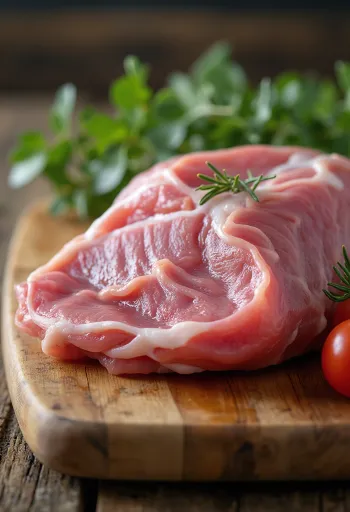Fillet daging burung pegar mentah dengan rempah-rempah di atas talenan kayu