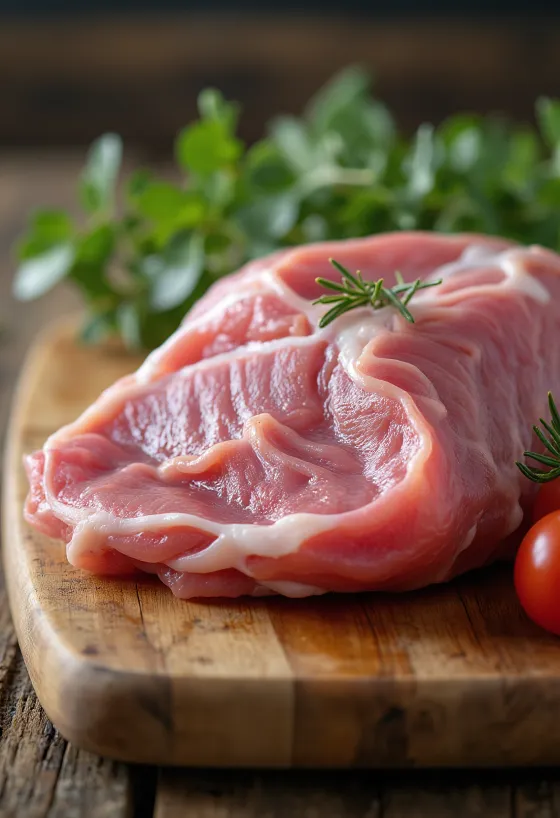 Fillet daging burung pegar mentah dengan rempah-rempah di atas talenan kayu