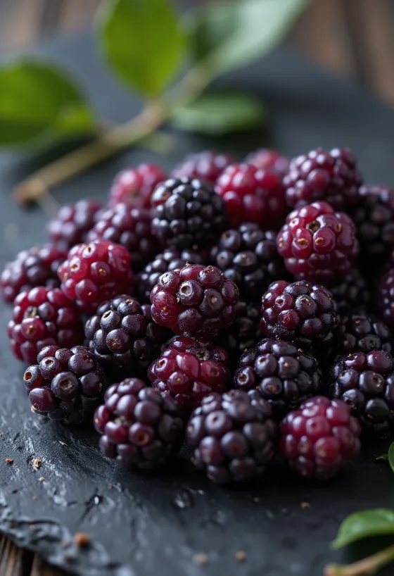 Buah murbei segar berbagai warna, utuh dan terbelah