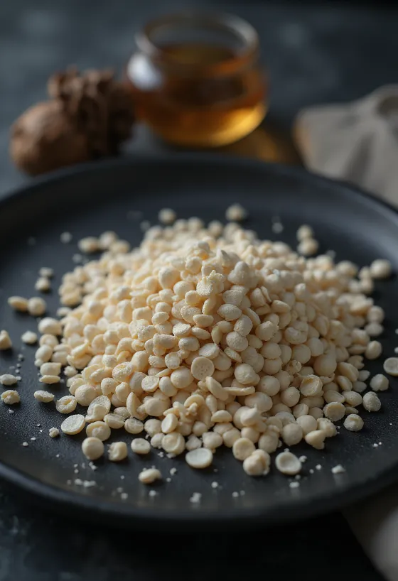 Biji poppy putih menumpuk secara alami, tampilan makro