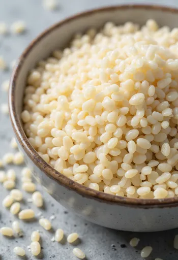 Biji quinoa putih mentah dengan tekstur halus