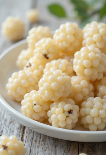 Buah murbei putih (Morus alba) segar, utuh dan terpotong di permukaan bersih