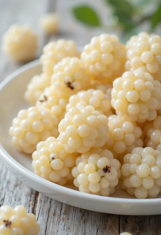 Buah murbei putih (Morus alba) segar, utuh dan terpotong di permukaan bersih