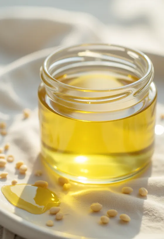 Botol dan mangkuk berisi minyak wijen putih dengan biji wijen di sampingnya