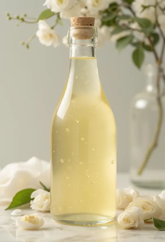 Cuka anggur putih dalam mangkuk kaca, di sebelahnya ada anggur putih, must anggur, dan botol cuka