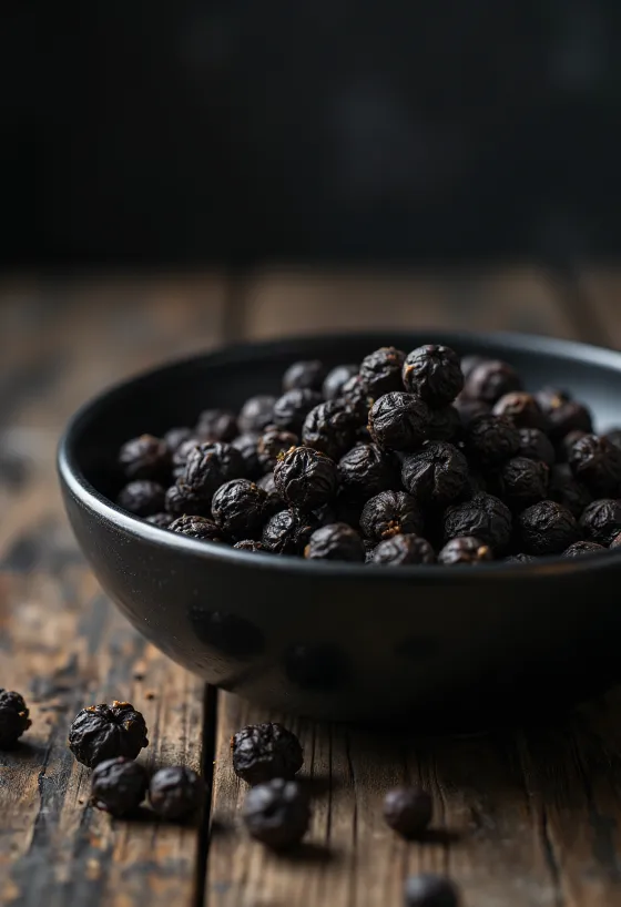 Butiran lada hitam utuh dalam mangkuk kayu dan tersebar