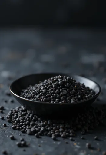 Biji sawi hitam utuh dalam mangkuk kecil di atas meja kayu