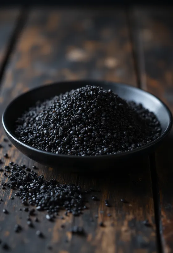 Biji quinoa hitam mentah dengan warna gelap yang pekat