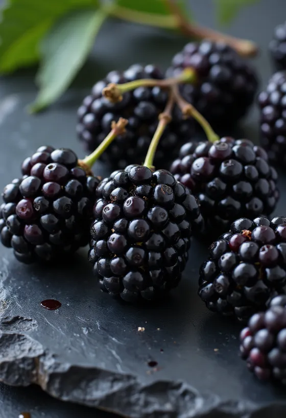 Buah murbei hitam (Morus nigra) segar, utuh dan terbelah