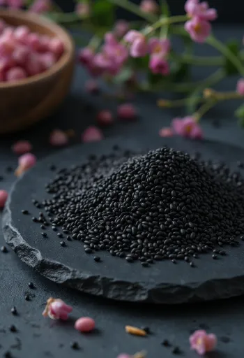 Wijen hitam dalam mangkuk kayu dengan pencahayaan alami