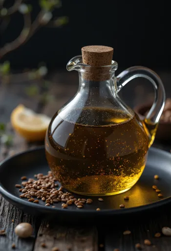 Minyak wijen hitam dalam botol dan mangkuk, bersanding dengan biji wijen hitam