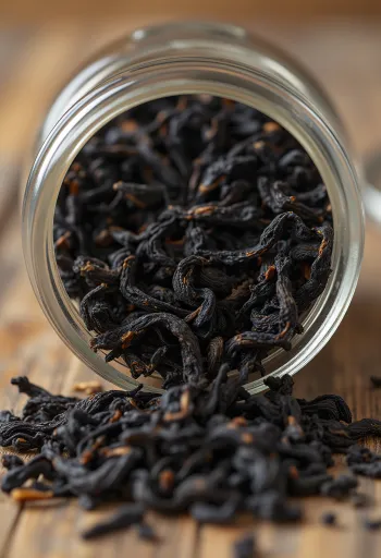 Teh hitam daun sebagai bahan dapur dengan sendok kayu dan mangkuk