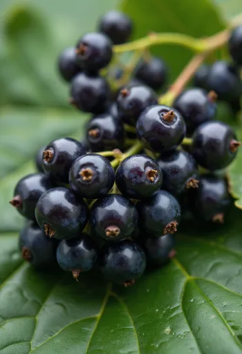 Buah blackcurrant segar dalam mangkuk di atas meja kayu, dengan selai buatan rumah
