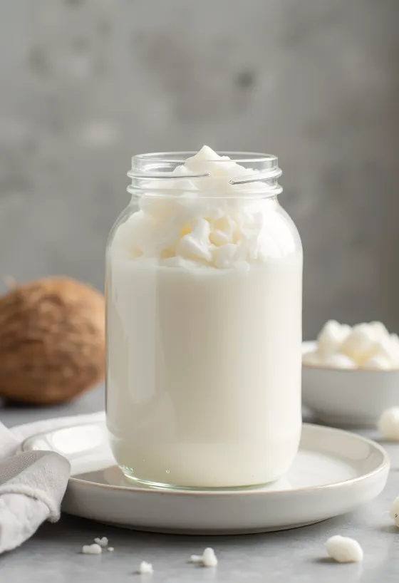 Minyak kelapa rafinasi padat putih dalam mangkuk, bersih dan netral