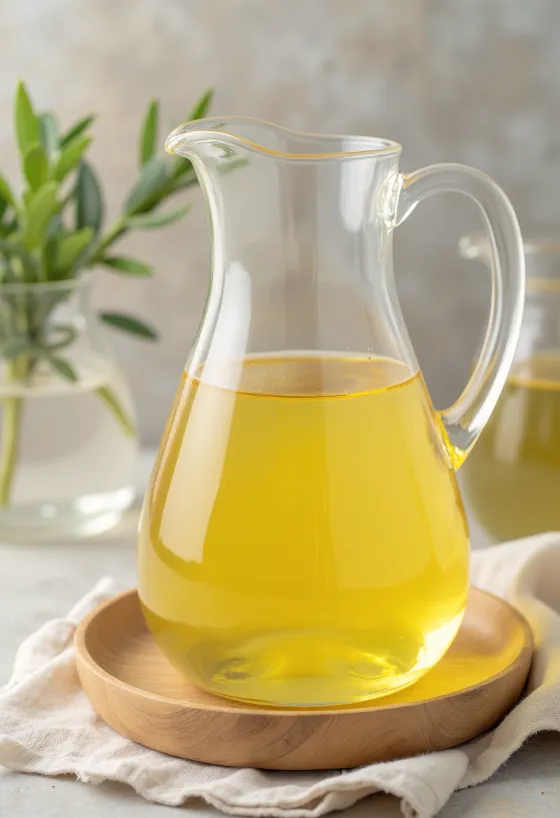 Minyak sawit rafinasi berwarna kuning emas jernih dalam mangkuk kaca