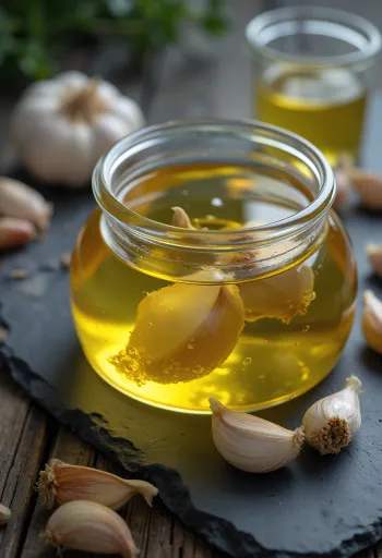 Minyak bawang putih dalam botol dan mangkuk dikelilingi siung bawang putih