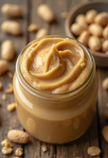 Selai kacang creamy dalam toples, dengan sendok dan kacang tanah di permukaan kayu
