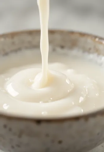 Krim masak dalam kendi kaca, di sebelahnya mangkuk saus krim