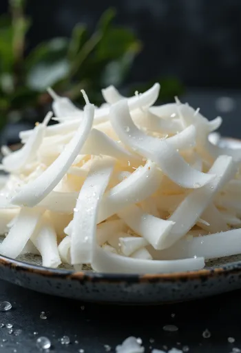 Serutan kelapa segar yang putih dan alami di atas latar putih