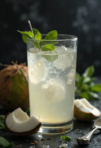 Air kelapa segar dalam gelas bening, jernih dan menyegarkan