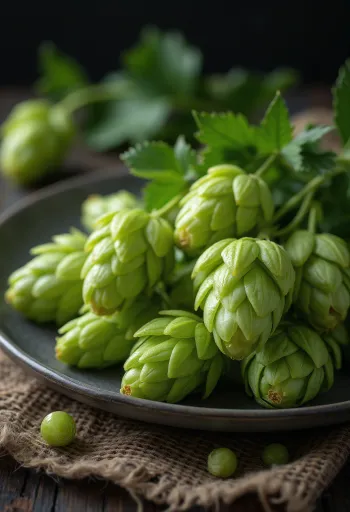 Bunga hop segar di atas kayu, beberapa terbuka memperlihatkan lupulin kuning