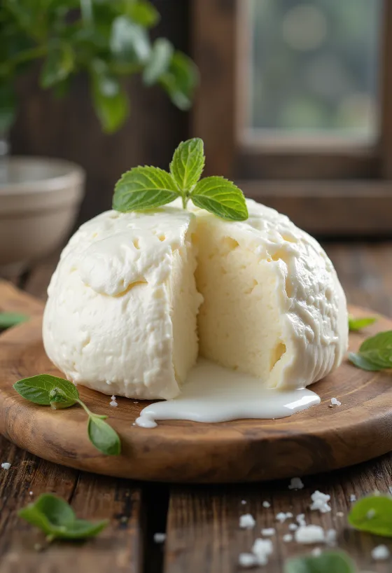 Keju mozzarella susu sapi segar dalam mangkuk keramik putih di meja kayu