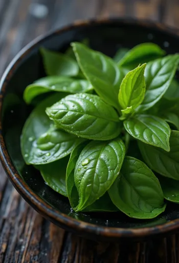 Daun teh segar (Camellia sinensis) berwarna hijau cerah tersebar di permukaan terang