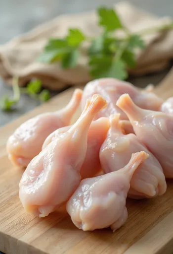 Potongan daging burung puyuh segar dengan rempah di talenan kayu, rosemary dan thyme
