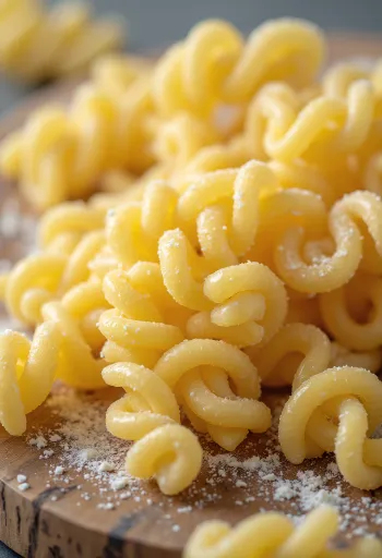 Pasta fusilli kering bentuk spiral di permukaan kayu