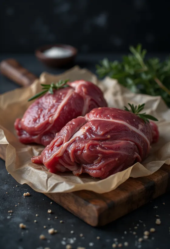 Potongan daging burung dara segar dengan rempah, sage, dan bawang putih di talenan kayu