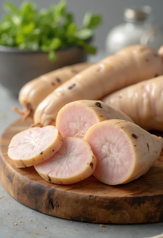 Irisan lengkuas segar dan potongan tipis dalam mangkuk, di permukaan dapur kayu