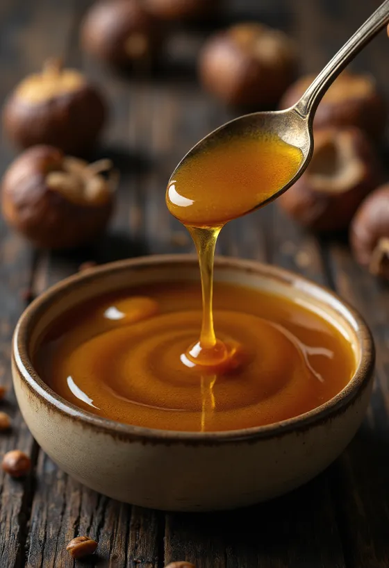 Madu kastanye berwarna gelap dalam toples dengan sendok madu dan bunga