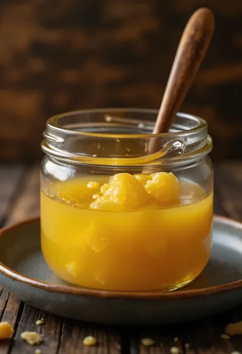 Ghee atau minyak samin cair berwarna emas dalam mangkuk kaca