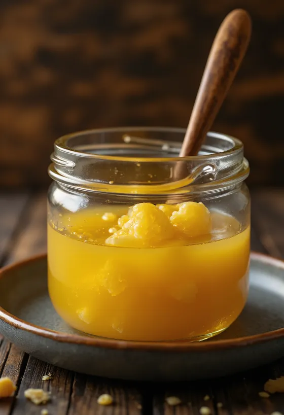 Ghee atau minyak samin cair berwarna emas dalam mangkuk kaca