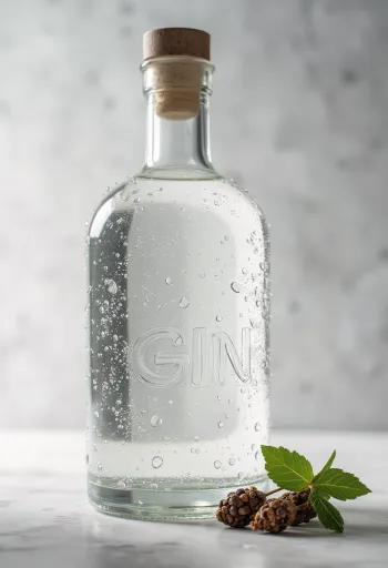 Botol gin dan gelas berisi es batu, dikelilingi buah juniper dan rempah