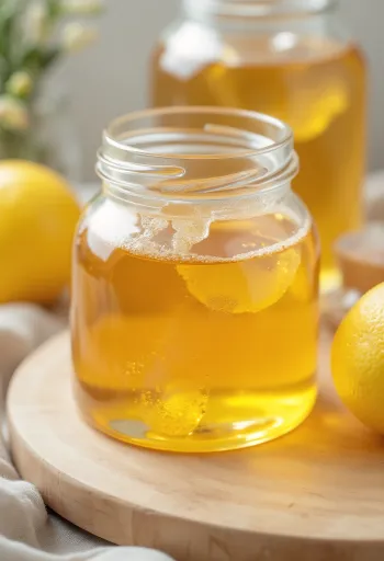 Sirup glukosa bening kental dalam toples kecil dan meleleh dari sendok