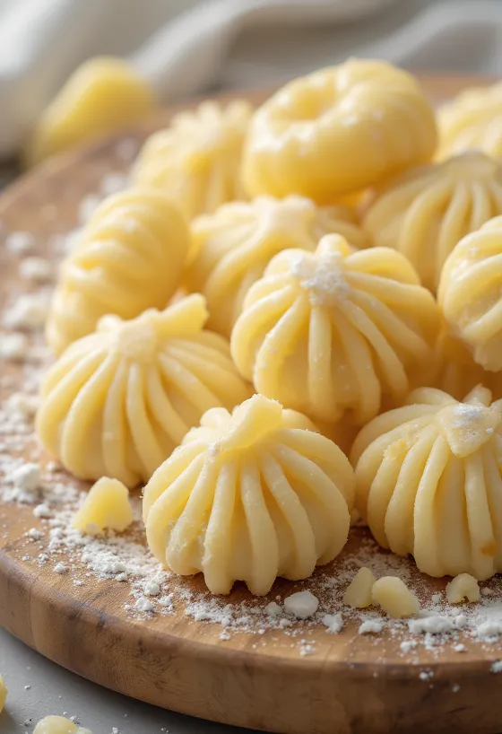 Gnocchi mentah di atas talenan kayu bertabur tepung