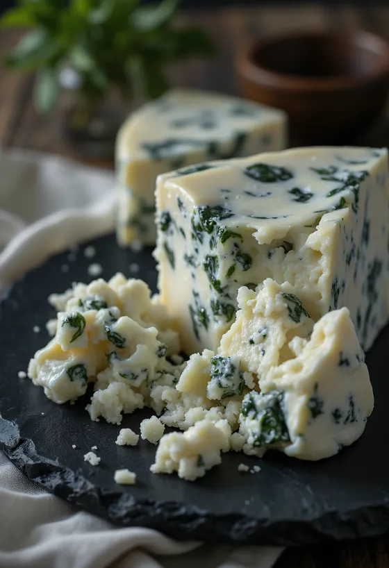 Keju Gorgonzola dengan urat biru di mangkuk keramik putih