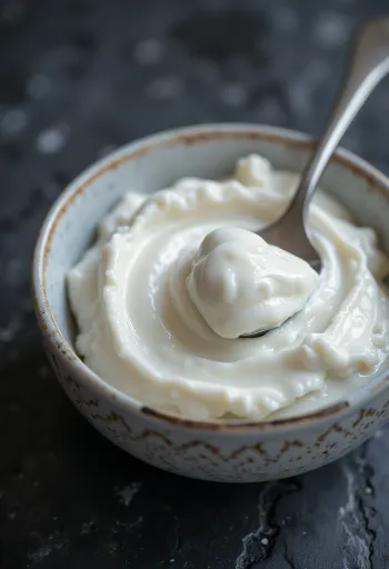 Yogurt Yunani kental dan creamy dalam mangkuk keramik putih