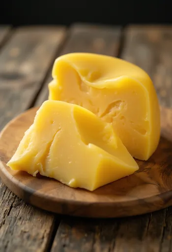 Keju Gouda segar berwarna kuning dalam mangkuk keramik putih