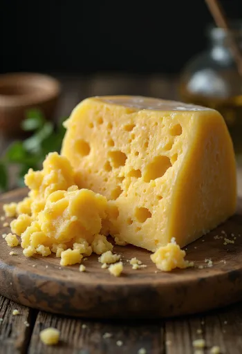 Bongkahan Keju Grana Padano segar dalam mangkuk keramik putih