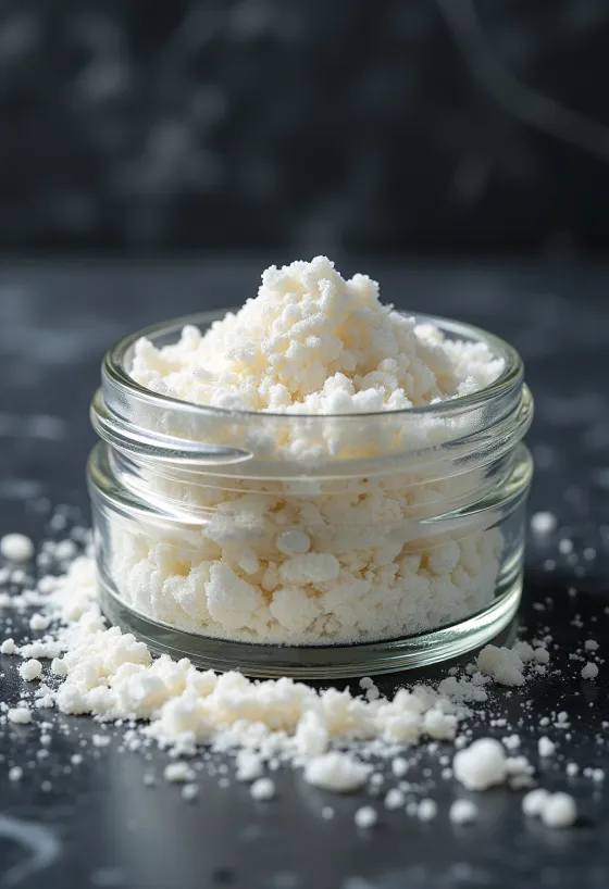 Bubuk guar gum halus dalam mangkuk kecil dengan sendok kayu