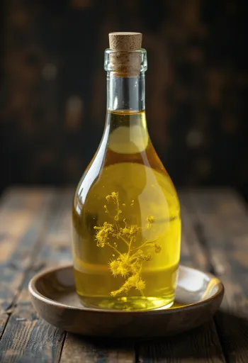Minyak biji kapas dalam botol dan mangkuk kecil dengan ranting kapas
