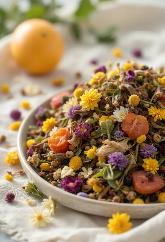 Campuran teh herbal kering alami dalam mangkuk dan sendok kayu
