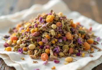 Campuran teh herbal kering alami dalam mangkuk dan sendok kayu